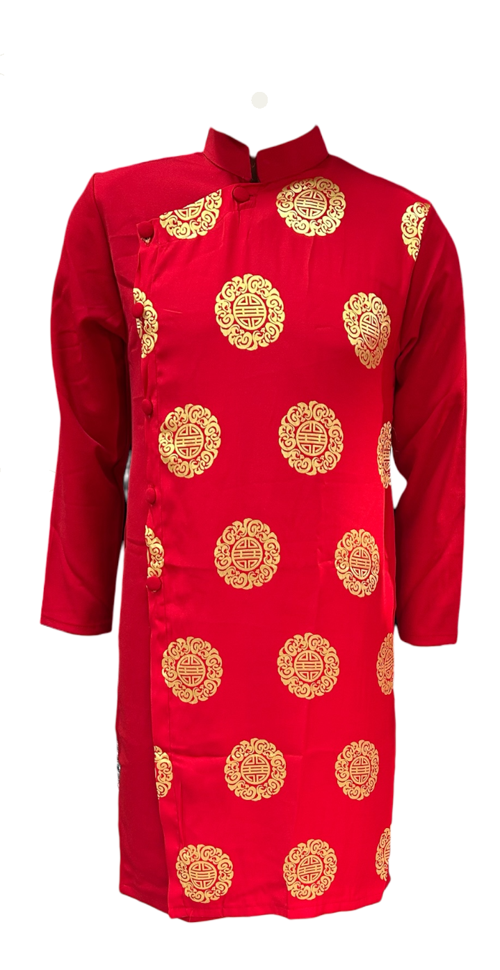 Red Men's Ao Dai, Good Fortune Gold Pattern