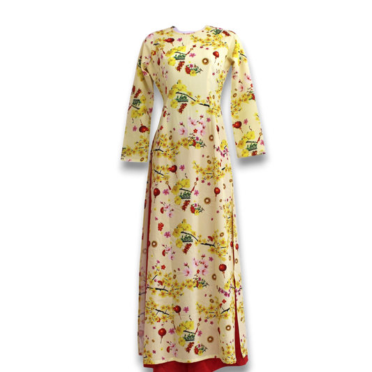 Pale Yellow Lanterns Print Ao Dai Set
